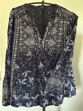 Lucky Brand Black and White Printed V-Neck Tunic